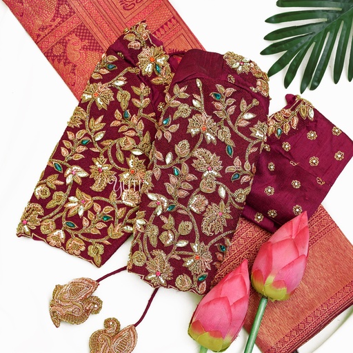 Maroon Zardosi floral bridal blouse Stitching