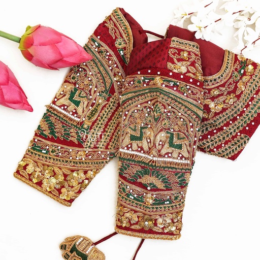 Maroon floral and elephant bridal blouse Stitching