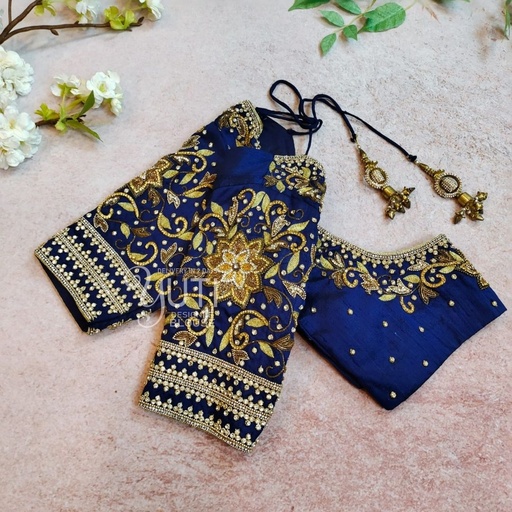 Navy Blue Floral Design Stitching