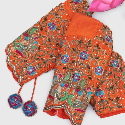 Orange peacock and creeper design blouse Stitching
