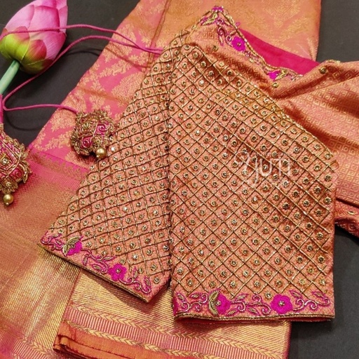 Peach Checks Design with floral Stitching