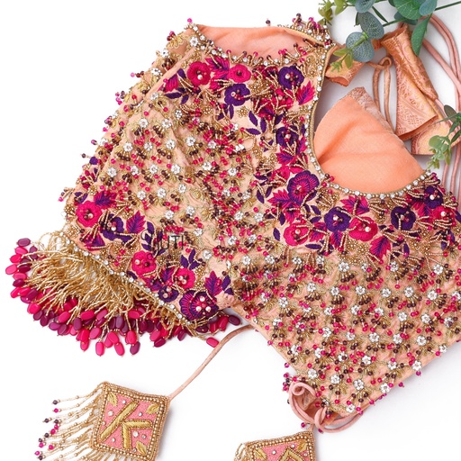 Peach wrap around blouse with gem hangings Stitching