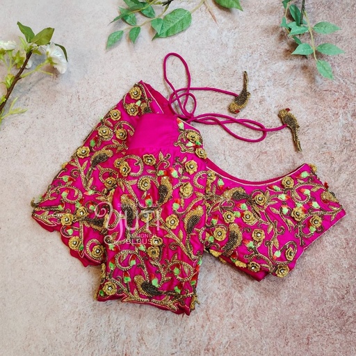 Pink  Parrot and 3d Floral Design Stitching