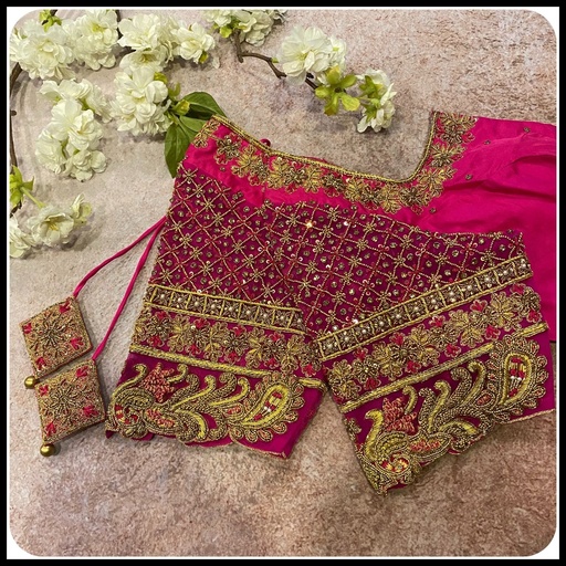 Pink Checks with Peacock Design Stitching