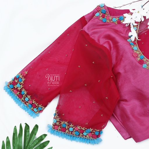 Pink Embossed floral design with gem hangings Stitching