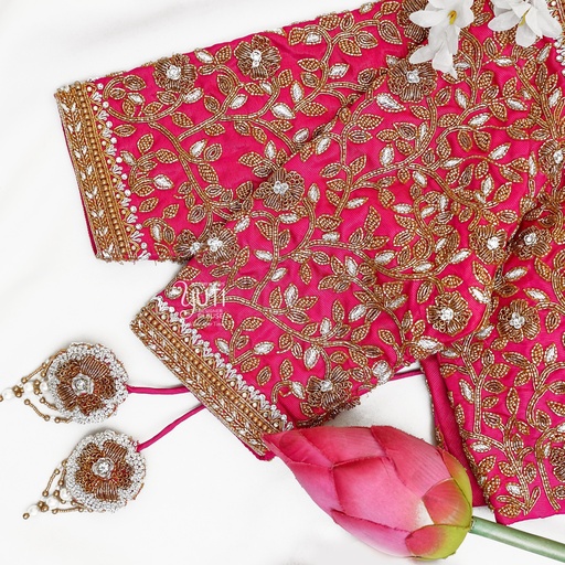 Pink Floral Designer blouse Stitching