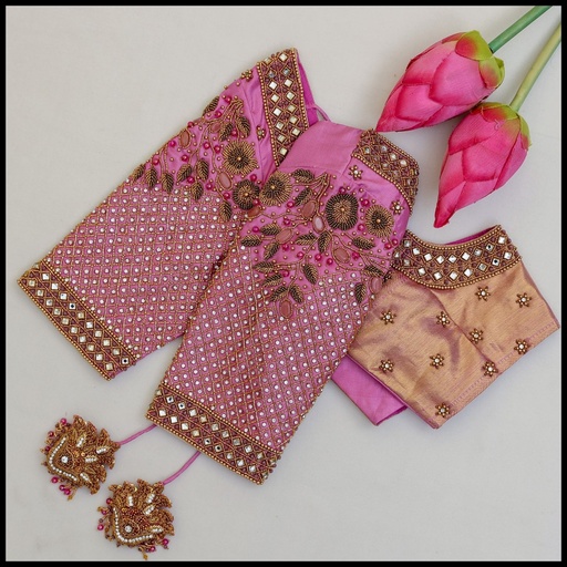 Pink checked floral design Stitching