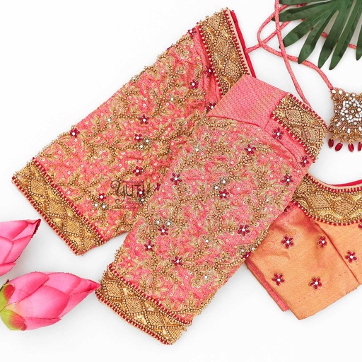 Pink creeped floral bridal blouse Stitching