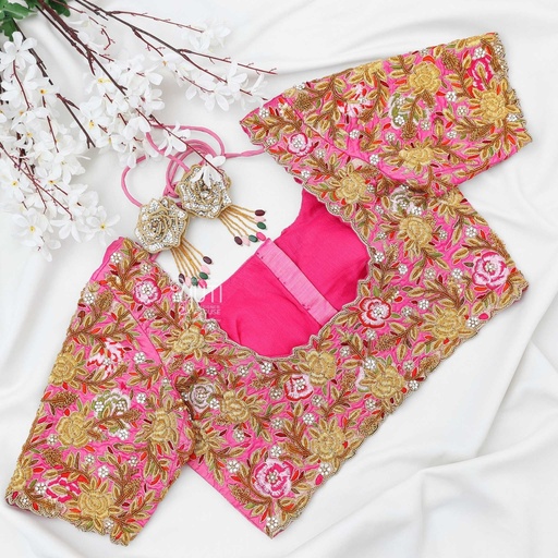 Pink embossed floral with cut work bridal Stitching