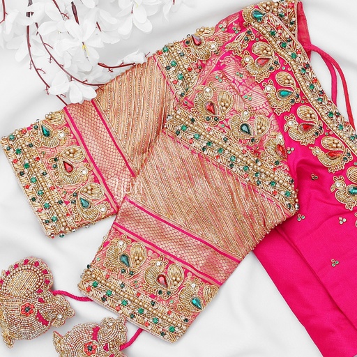 Pink peacock bridal blouse with Highlight Stitching