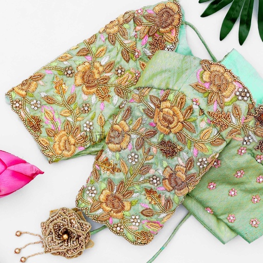 Pistha green embossed rose bridal Stitching