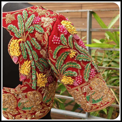 RED  floral design and banana tree 3D work with annam design Stitching