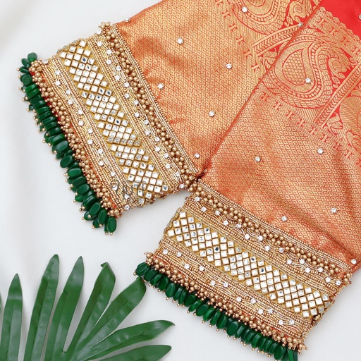 Red Kundan Design with Gem Hangings Stitching