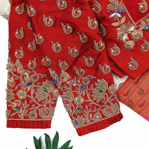 Red Peacock and floral designer blouse Stitching