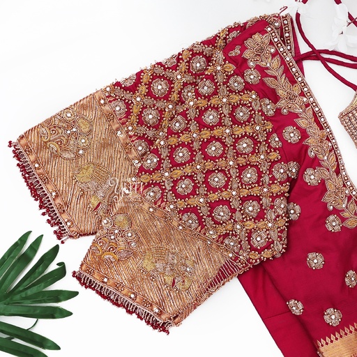 Red Zardosi checks design with Highlight Stitching