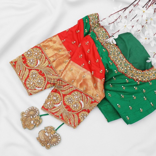 Red and Green Traditonal zardosi design with highlight Stitching