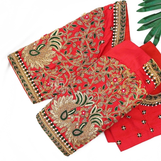 Red blouse with contrast floral design Stitching