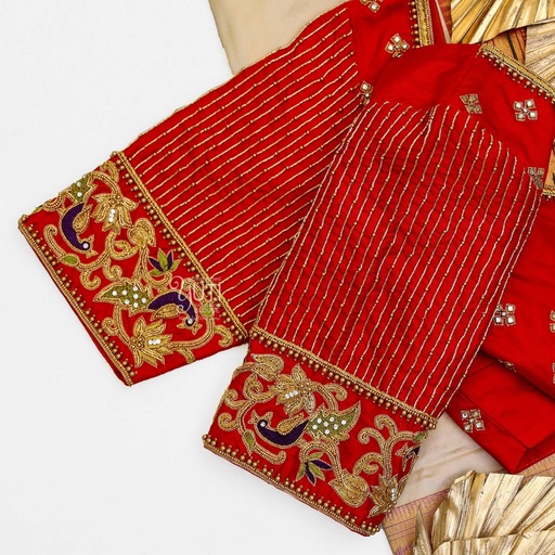 Red blouse with peacock & vertical line Stitching