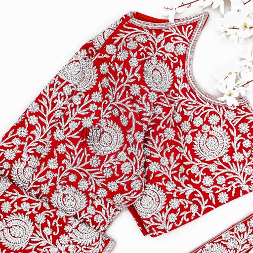 Red blouse with zaricone flower design Stitching