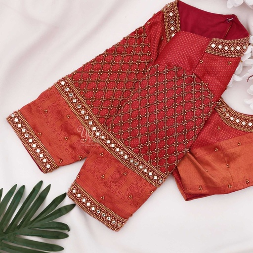 Red checked kundan bridal blouse Stitching