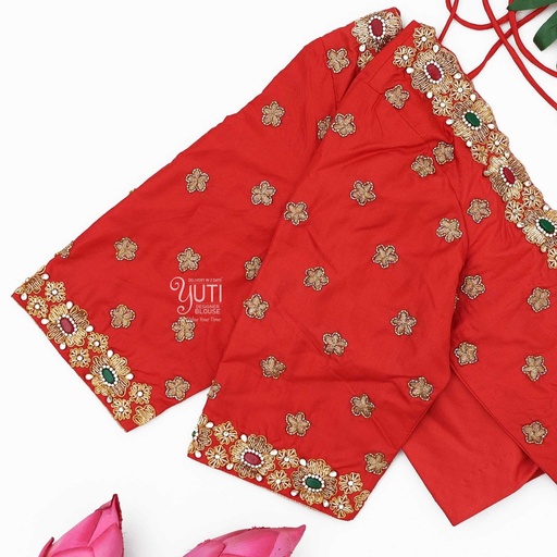 Red gemstone floral bridal blouse Stitching