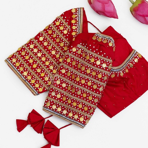 Red lakshmi coin bridal blouse Stitching
