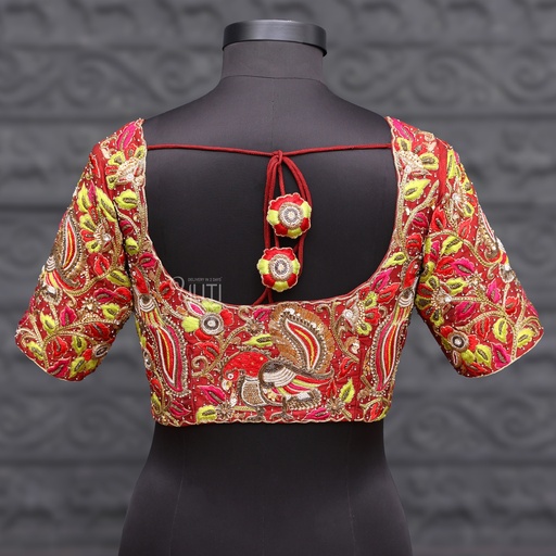 Red with green embroidery blouse | Grand bridal blouse |SIZE 36 (adjustable up to 32 - 38) Stitching