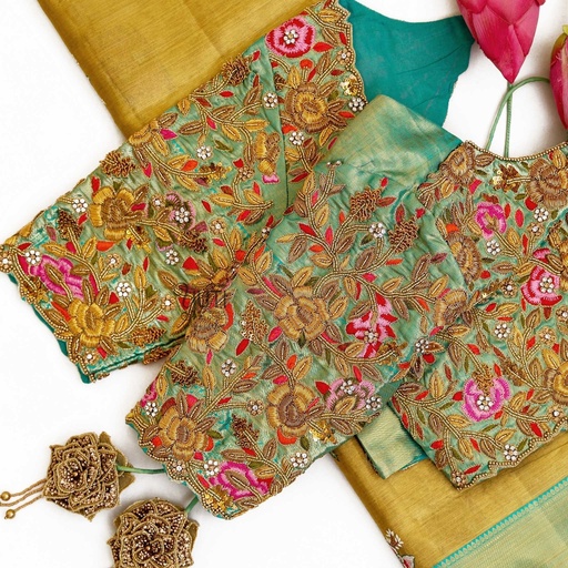 Sea green embossed rose bridal blouse Stitching