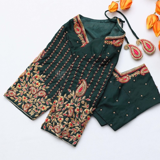 Step into the spotlight with a dark green Aari bridal blouse that exudes grace and charm Stitching
