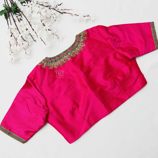 Stunning round neck pink color embroidery  bridal blouse. Stitching