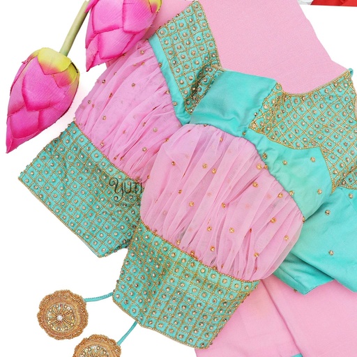 Turquoise and baby pink checks design Stitching