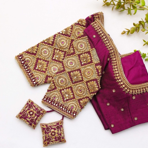 Wine Berry embroidery blouse Stitching