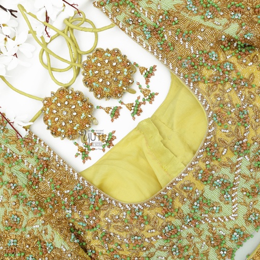 Yellow Navratinaa crystal hangings blouse Stitching