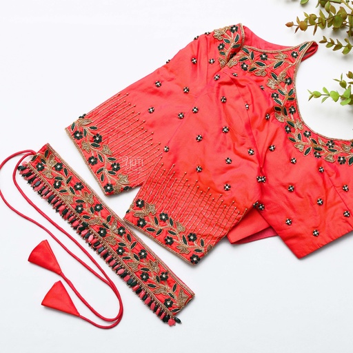 featuring stunning orange and pink shade color embroidery  bridal blouse Stitching