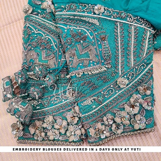 light blue 3D floral and elephant design Stitching