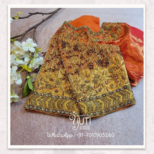 orange floral, line design with bead hanging  Stitching