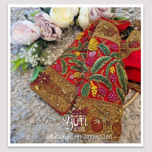 red floral with banana tree 3D work design Stitching