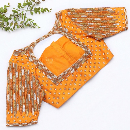 yellow blouse with a matching neck and embroidery design Stitching