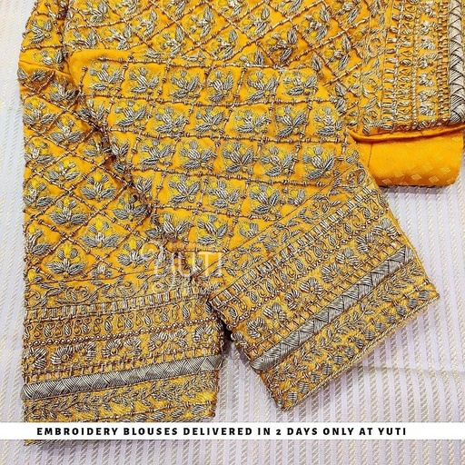 yellow checked design with floral Stitching